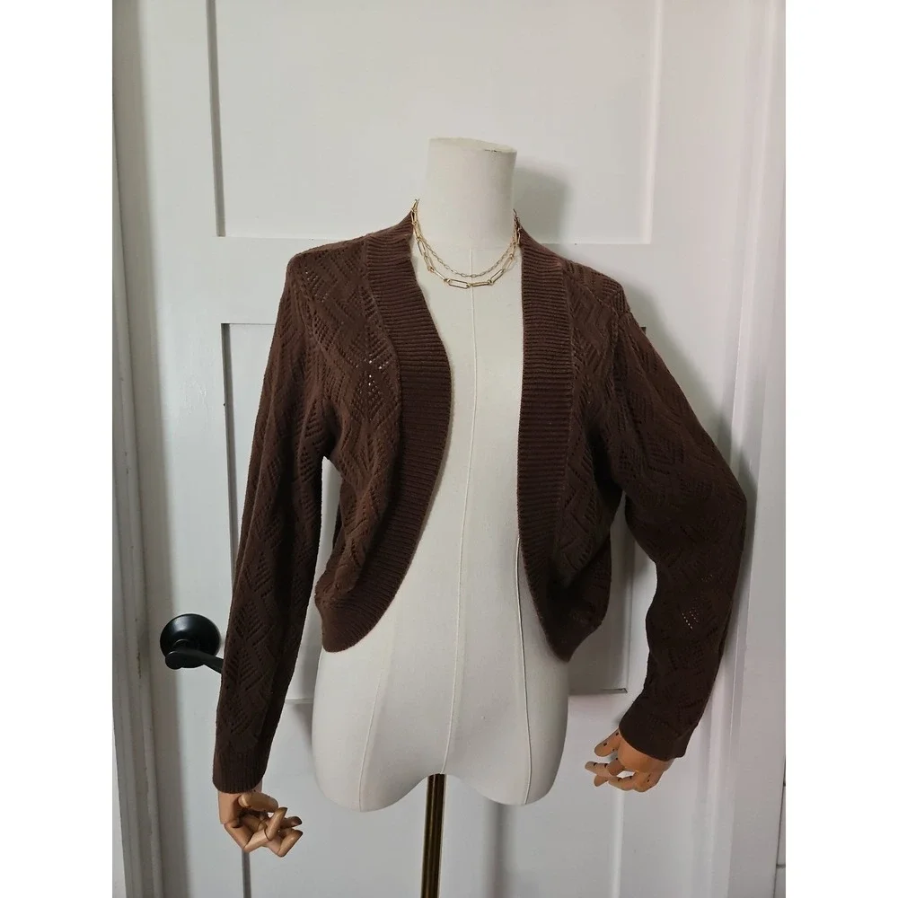 Worthington Cropped Cardigan Sweater XL Brown Open Front Pointelle Knit Cotton